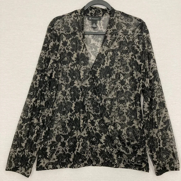 INC International Concepts Black Cream Floral Wrap Surplice Sheer Blouse XL - Picture 1 of 9